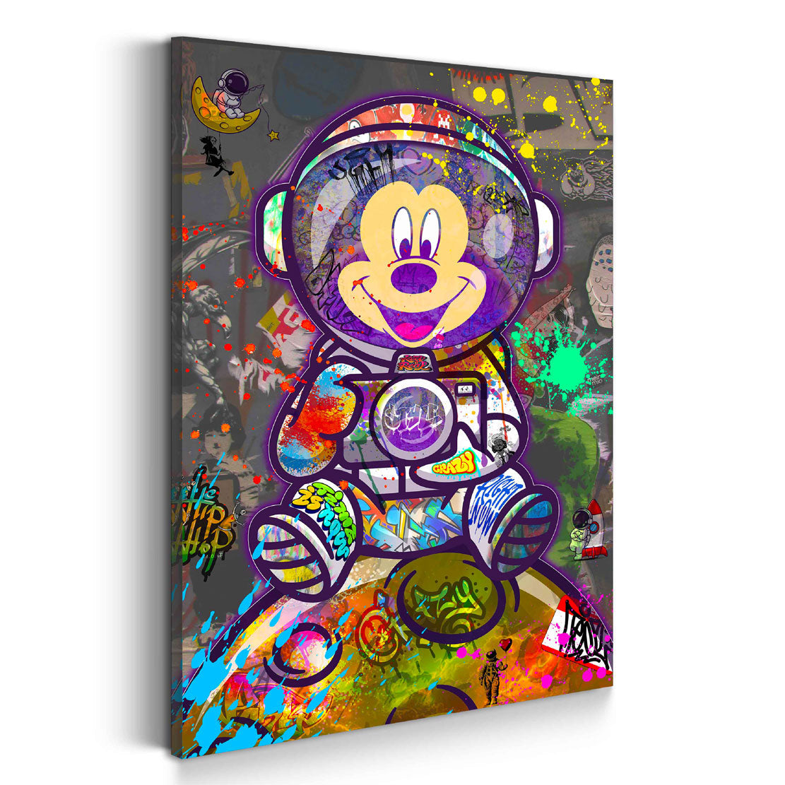 Wandbild Street Art Comic Maus als Astronaut im Universum bunt