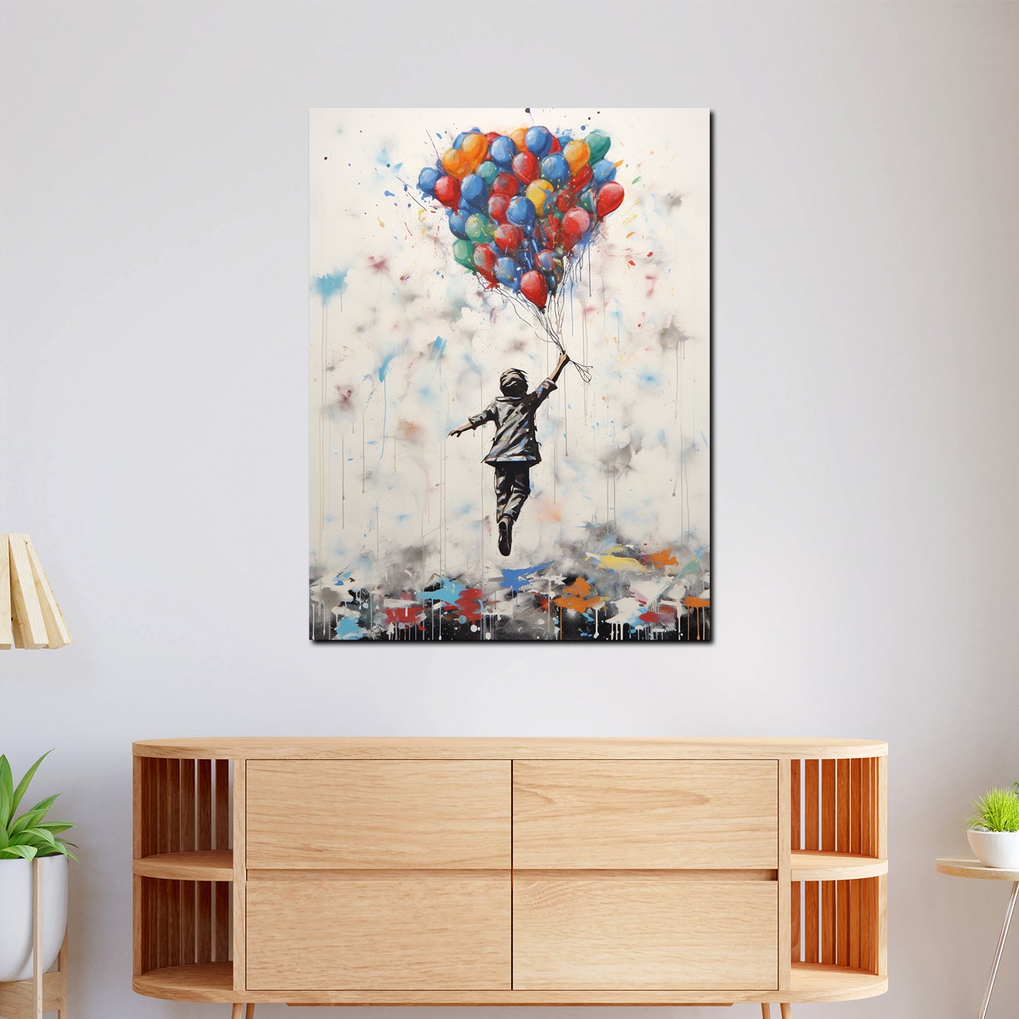 Wandbild Street Art Junge abstrakt mit Luftballons