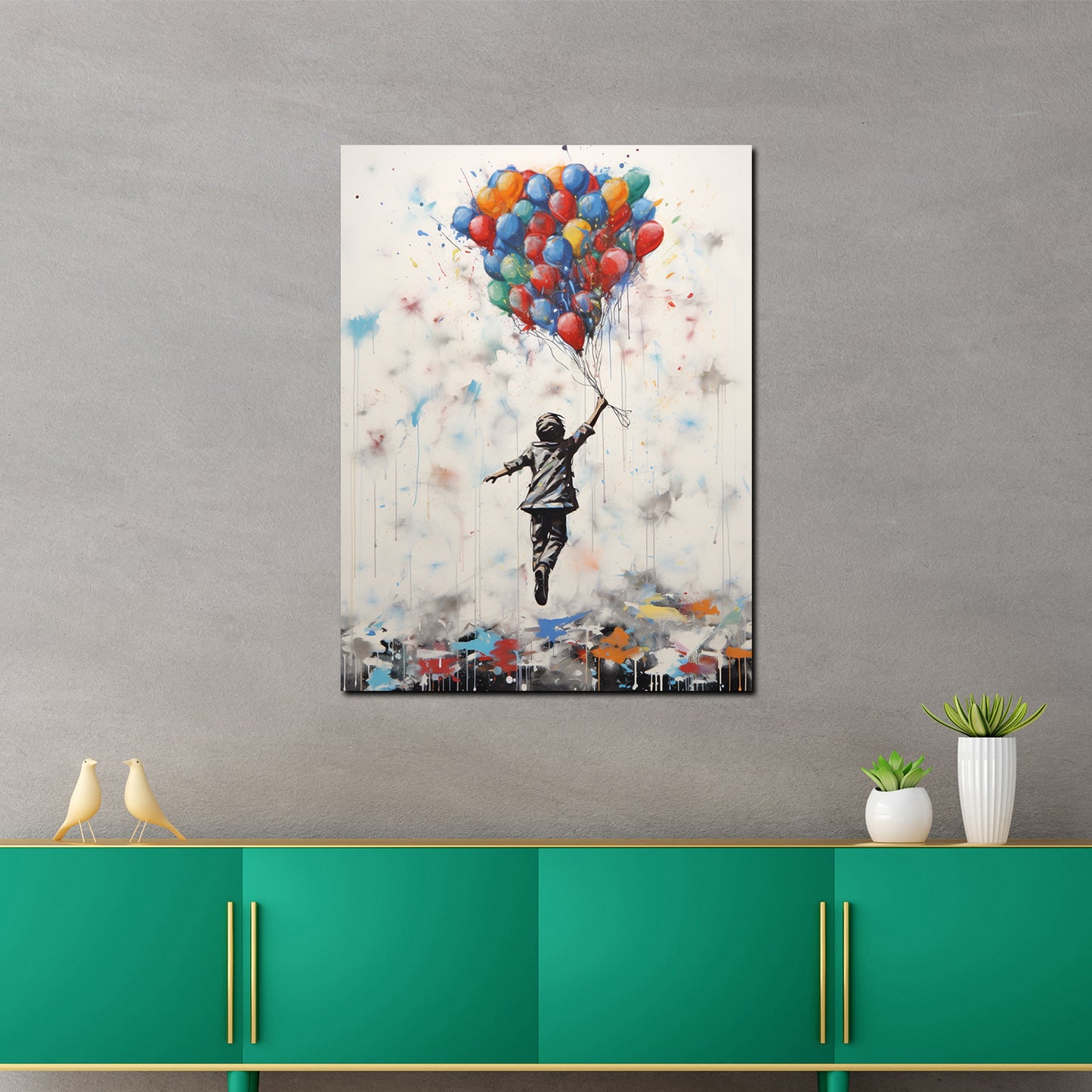 Wandbild Street Art Junge abstrakt mit Luftballons