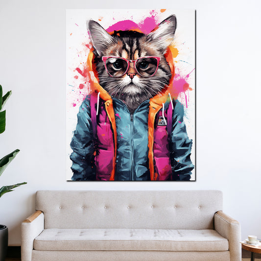 Wandbild Street Art Katze im Hoodie mit Sonnenbrille