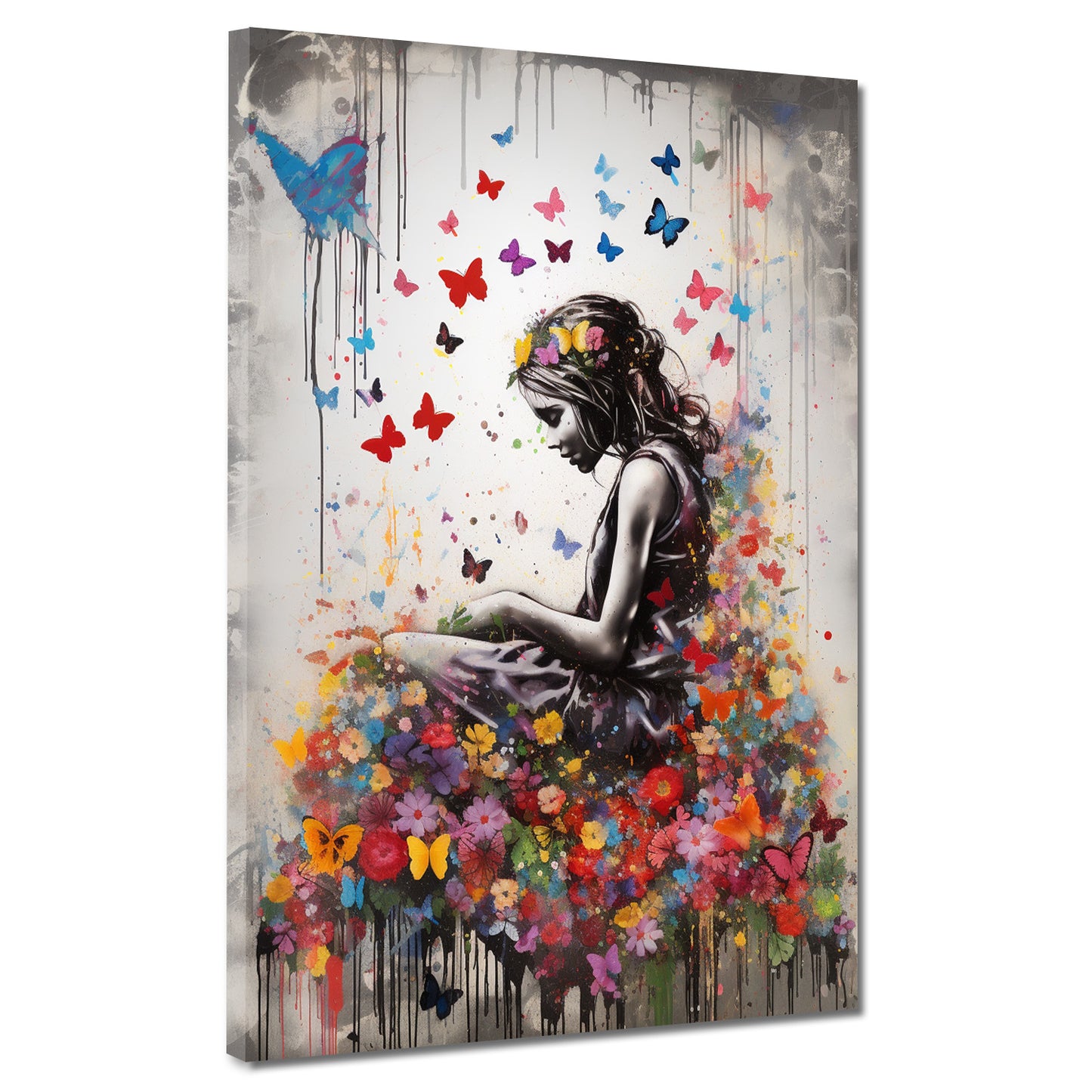 Wandbild Street Art Mädchen mit Blumen und Schmetterlingen