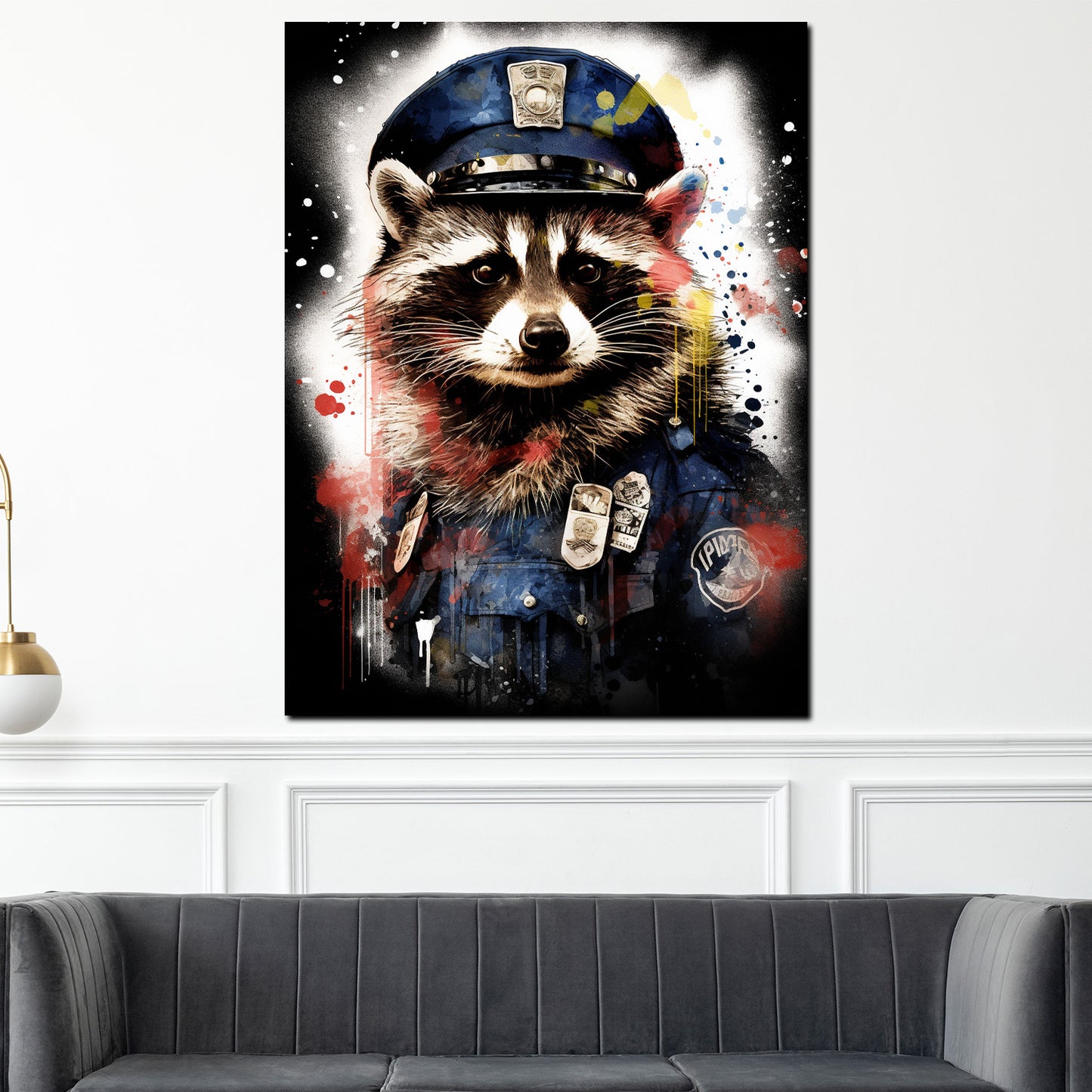 Wandbild Street Art Waschbär in Polizeiuniform