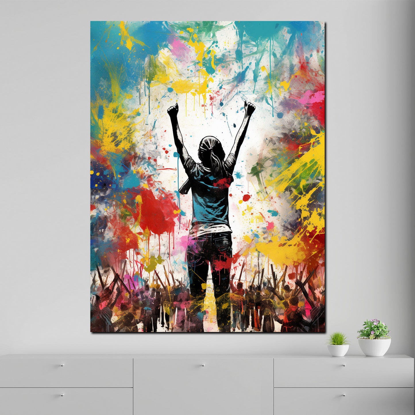 Wandbild Street Art jubelnde Menschen Colour Splash