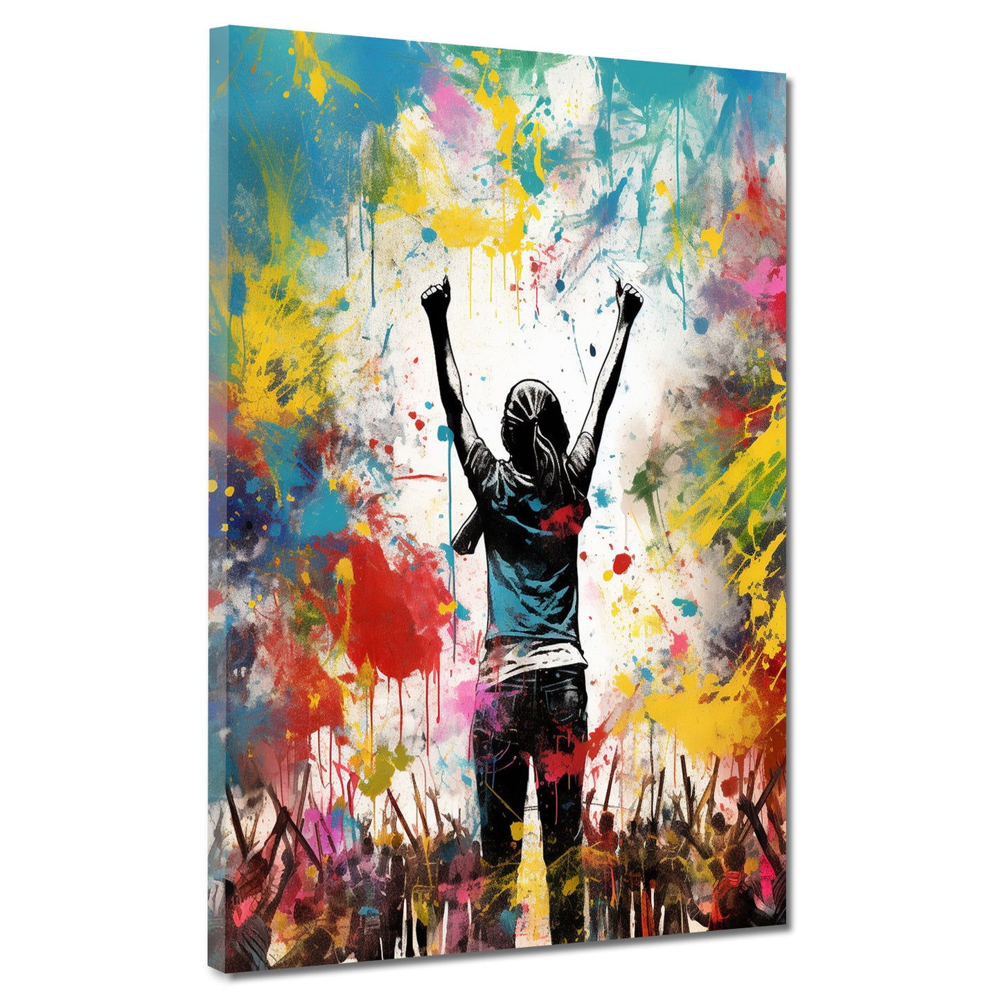 Wandbild Street Art jubelnde Menschen Colour Splash