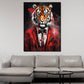 Wandbild Tiger frontal im roten Anzug abstrakt Pop Art