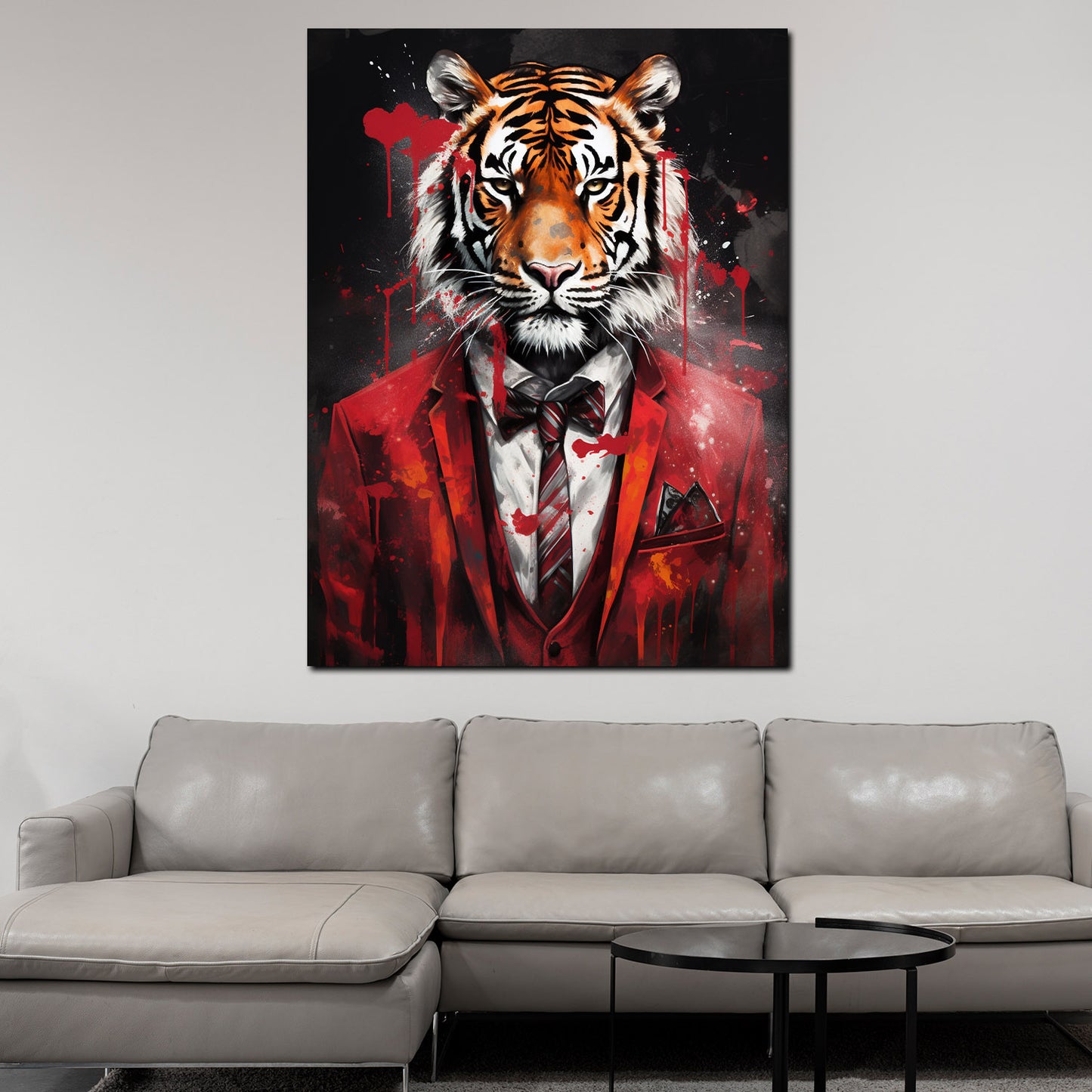 Wandbild Tiger frontal im roten Anzug abstrakt Pop Art