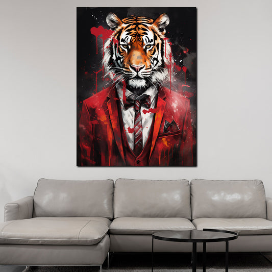 Wandbild Tiger frontal im roten Anzug abstrakt Pop Art