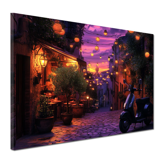 Wandbild Toskana Sommerabend Vespa Lichter romantische Gasse