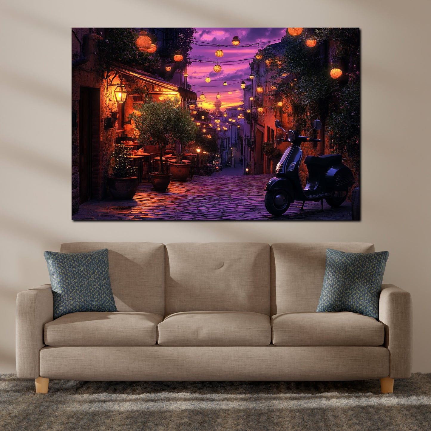 Wandbild Toskana Sommerabend Vespa Lichter romantische Gasse