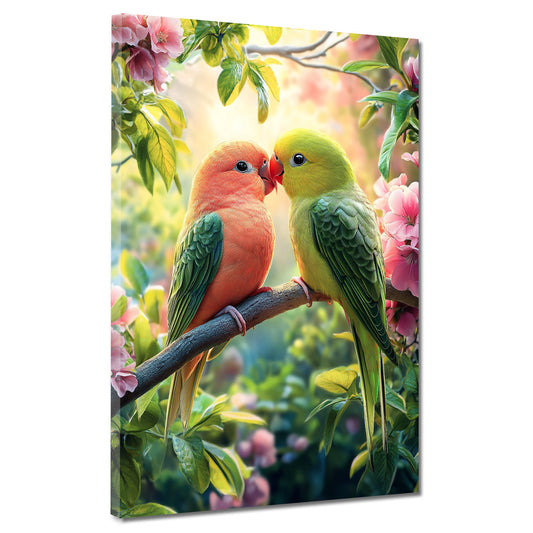 Wandbild Vogelpaar Zärtlichkeit Blüten Farbenpracht