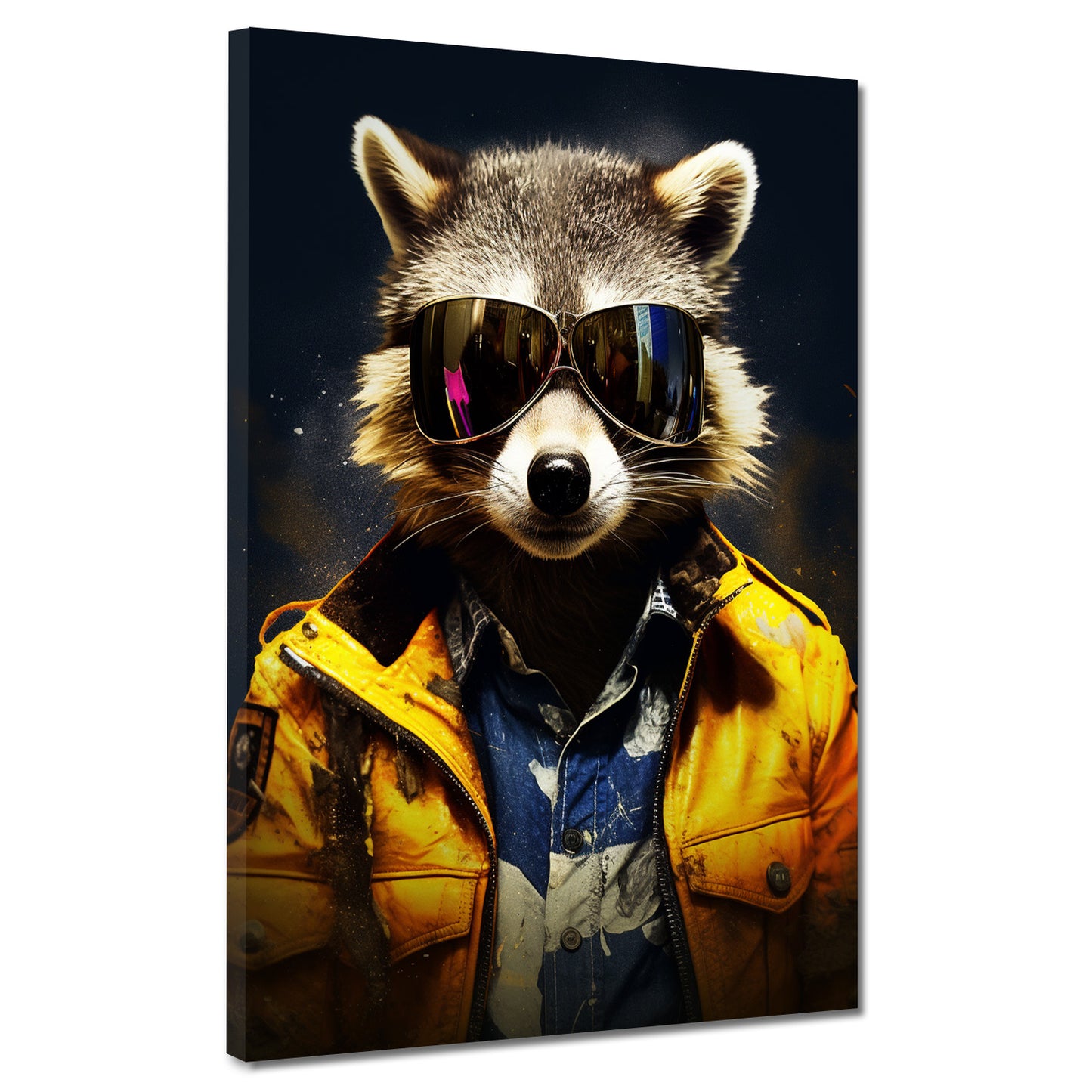 Wandbild Waschbär mit gelber Jacke und Sonnenbrille