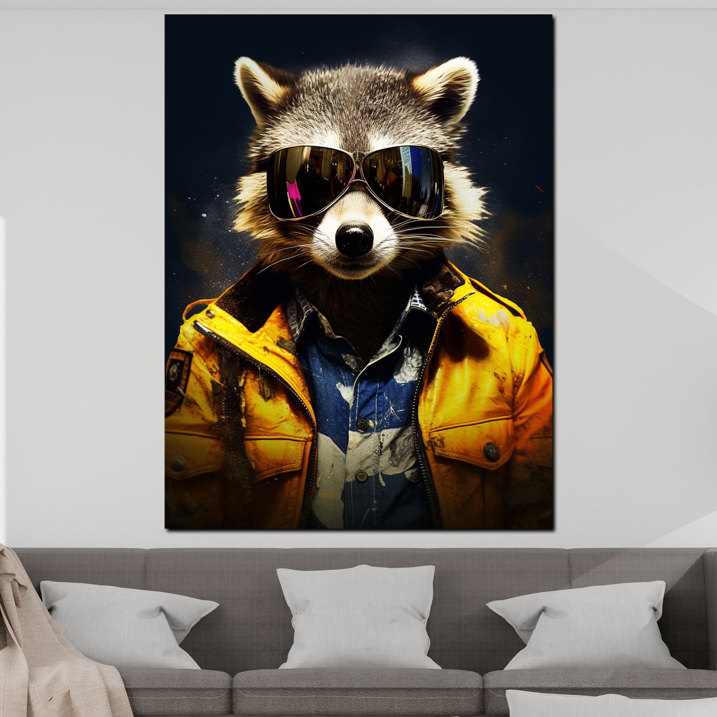 Wandbild Waschbär mit gelber Jacke und Sonnenbrille