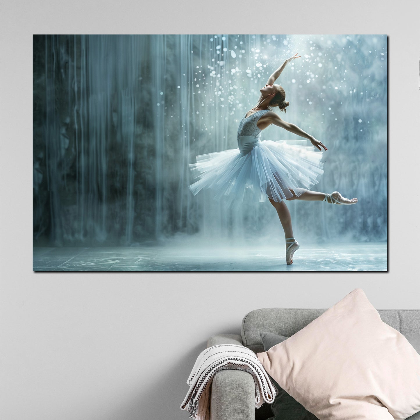 Wandbild abstrakt Ballerina in elegantem Weiß vor Wasserfall