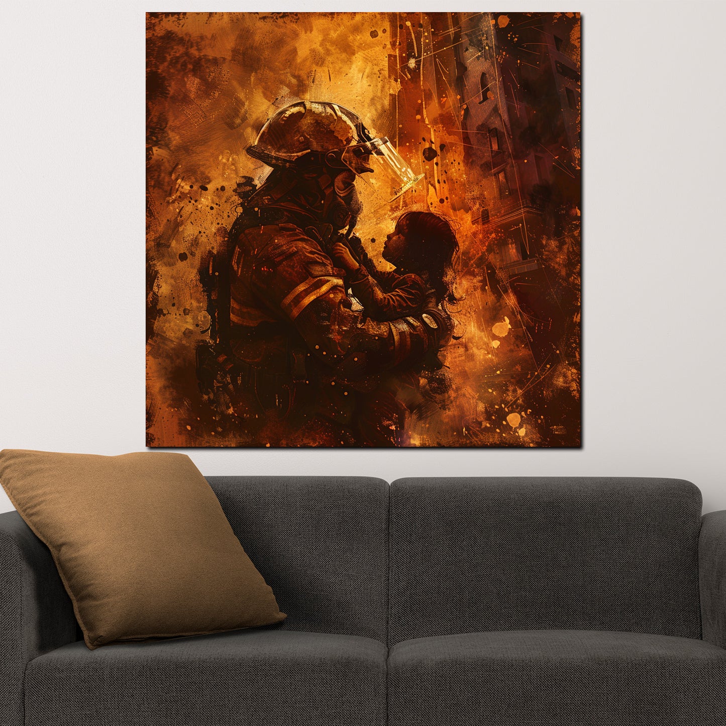 Wandbild abstrakt Beautiful Job Feuerwehrmann rettet Kind