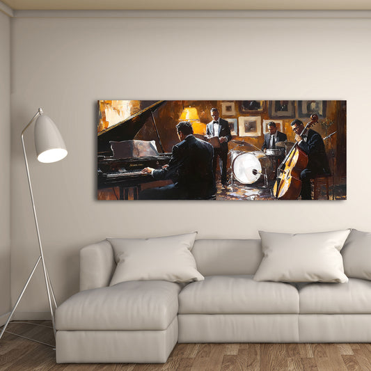 Wandbild abstrakt Jazz Musik Klavier Schlagzeug Band in Öloptik