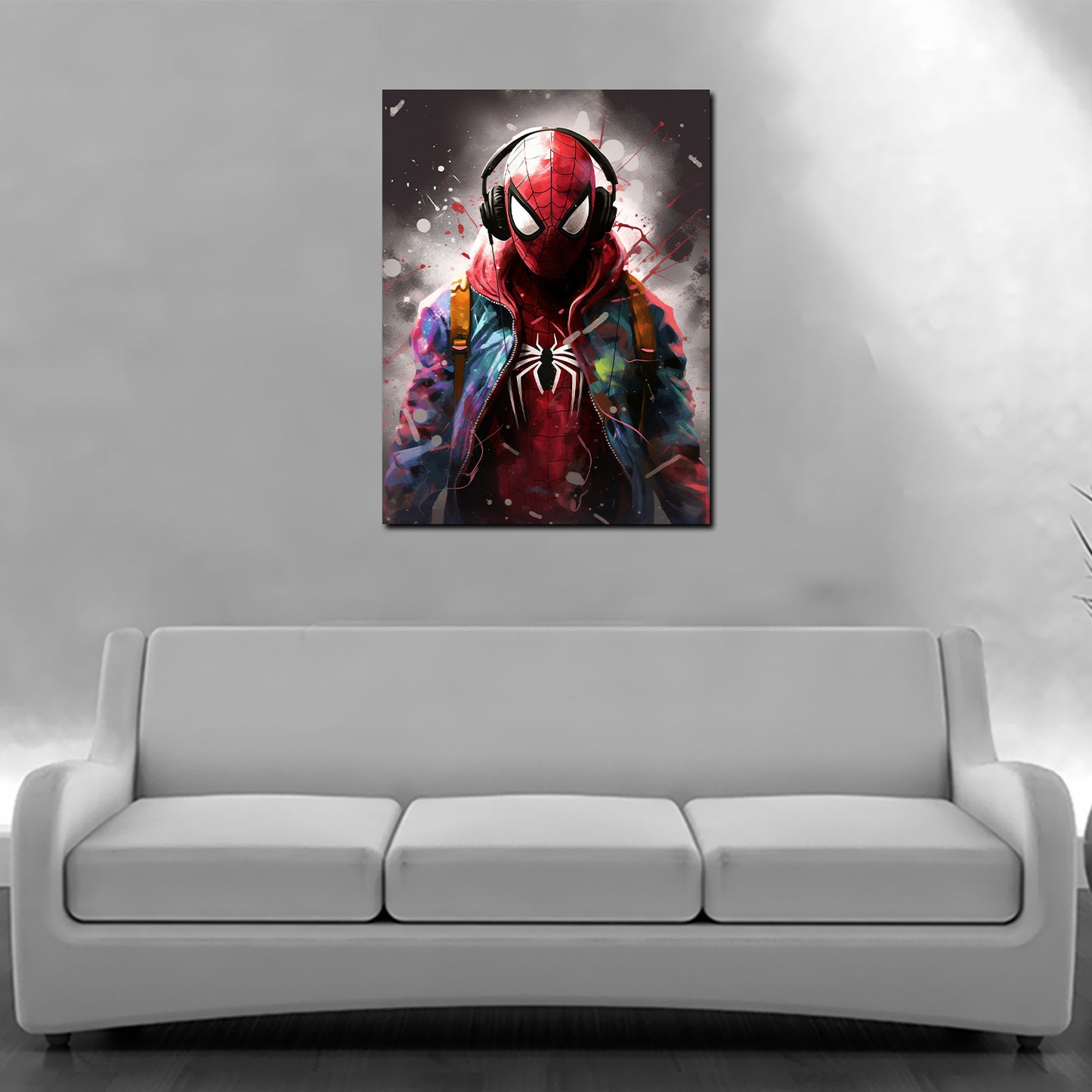 Wandbild abstrakt Spider Man mit Kopfhörer