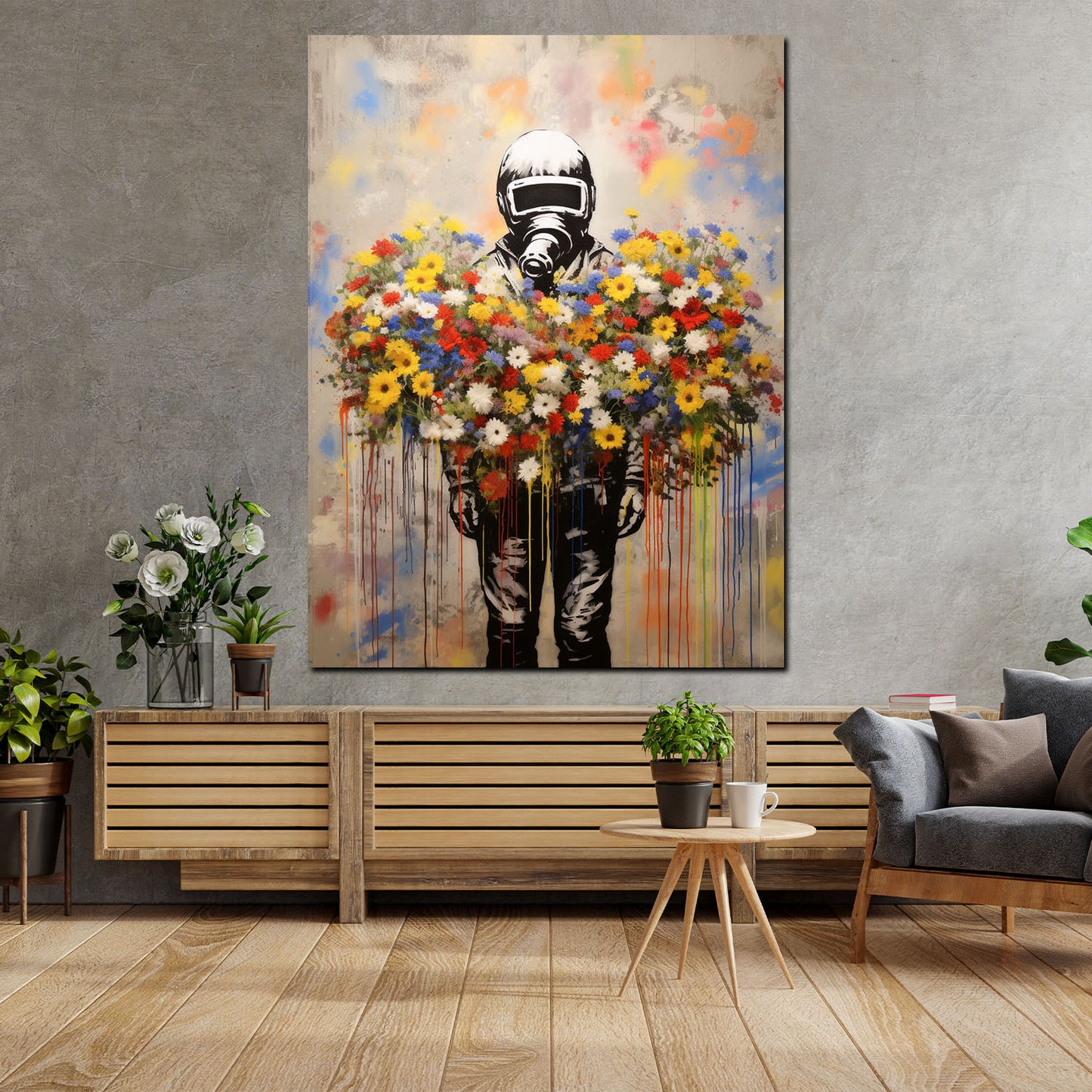 Wandbild abstrakt Street Art Mann im Anzug & Blumen