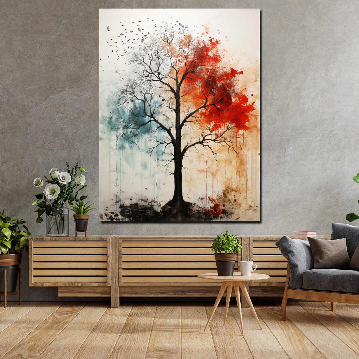 Wandbild abstrakt kahler Baum rot blau