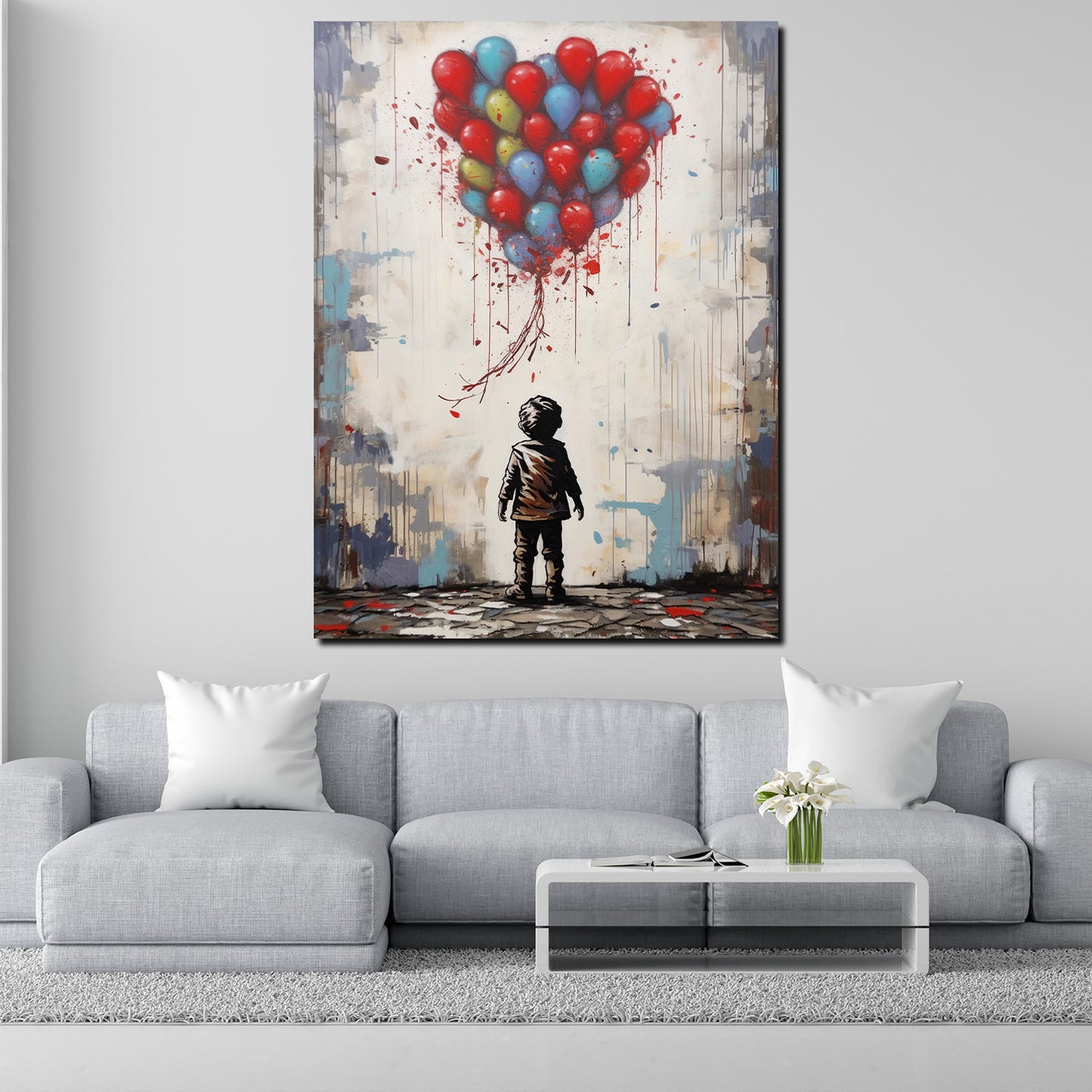 Wandbild abstrakt kleiner Junge mit bunten Luftballons