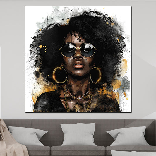 Wandbild abstrakt stilvolle Frau mit Afro und Sonnenbrille