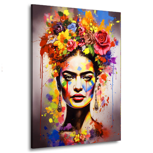 Wandbild abstraktes Porträt Frida mit Blumen Pop Art