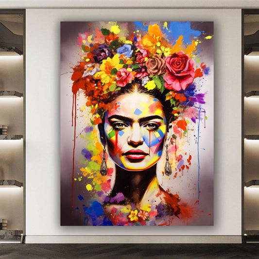 Wandbild abstraktes Porträt Frida mit Blumen Pop Art