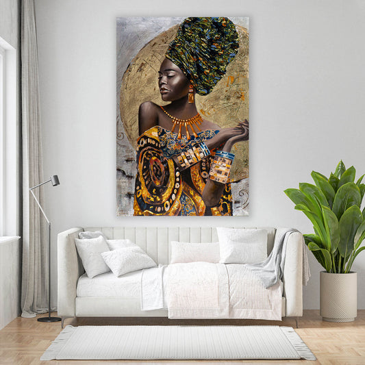 Afrikanische Frau im Colour Style als Leinwandbild im Raum
