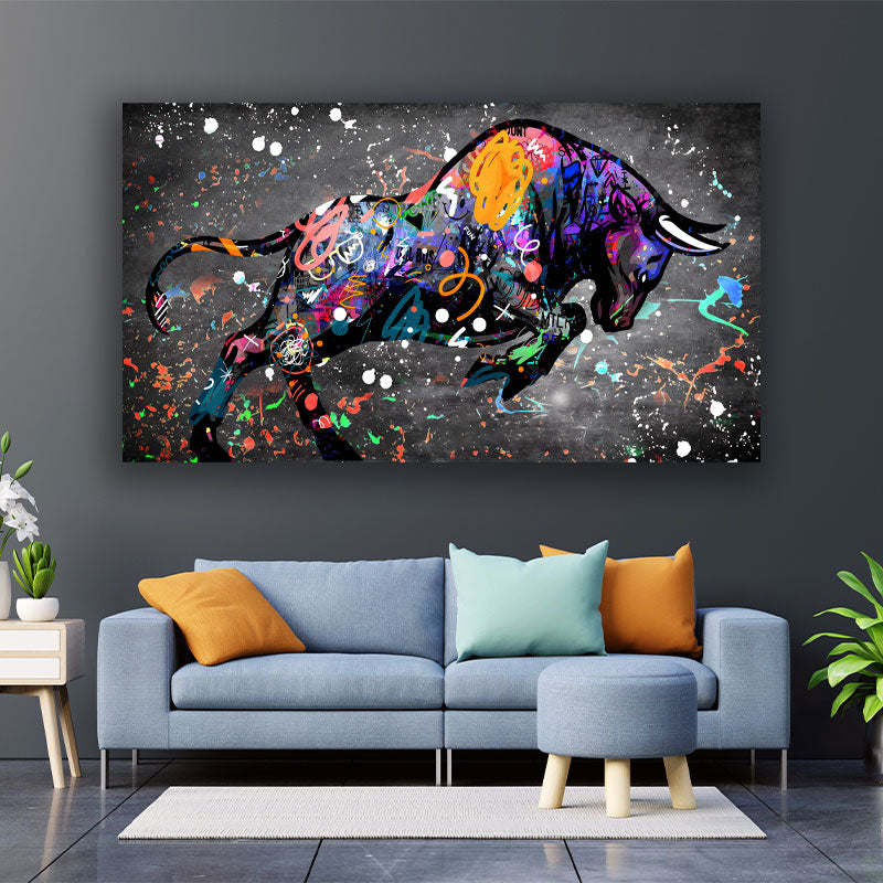 Wandbild bunter Stier Graffiti Black Style