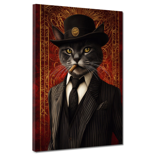 Wandbild coole schwarze Katze im Anzug mit Hut Stil Retro modern