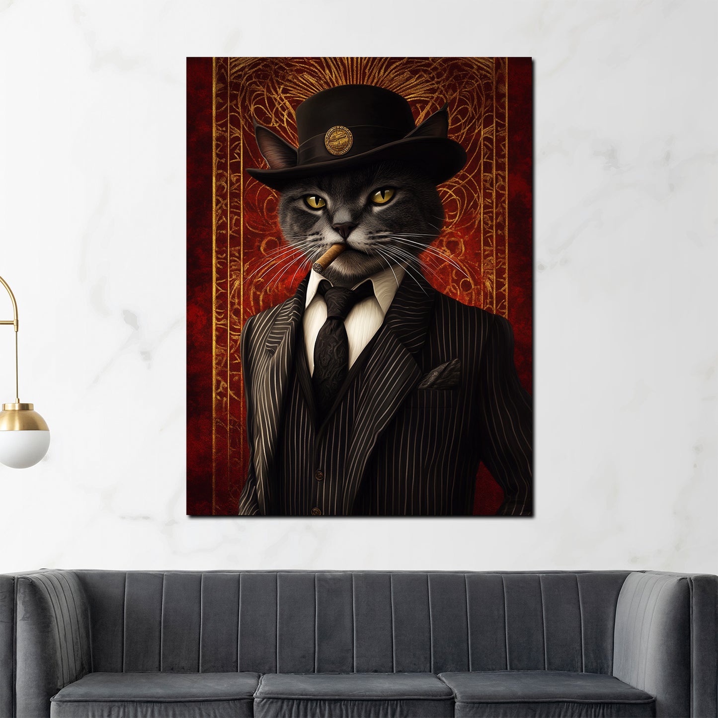 Wandbild coole schwarze Katze im Anzug mit Hut Stil Retro modern