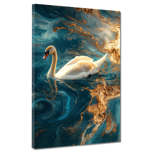 Wandbild edler Schwan auf goldblauem Wasser modern