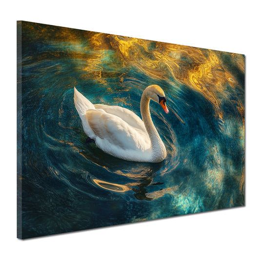 Wandbild Schwan auf blau goldenem Wasser Anmut Glanz modern