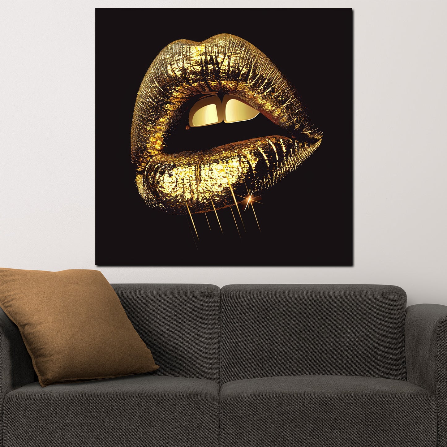 Wandbild goldene Lippen auf schwarz
