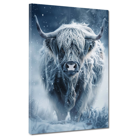 Wandbild Schottisches Hochlandrind Kuh im Schnee Natur Wildnis modern