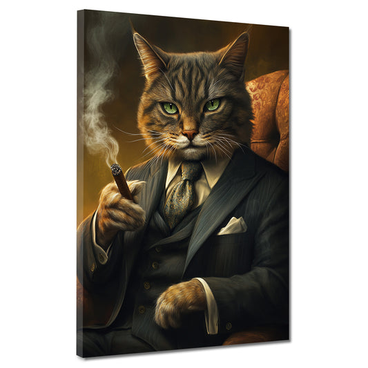 Wandbild mächtige Katze in edlem Anzug Stil Autorität Luxus modern