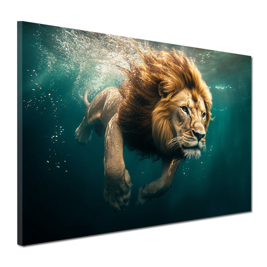 Wandbild majestätischer Löwe beim Tauchen Wildheit Kraft Natur modern