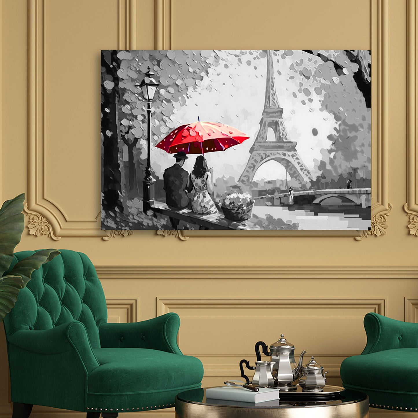 Wandbild modern Frau & Mann mit Regenschirm in Paris