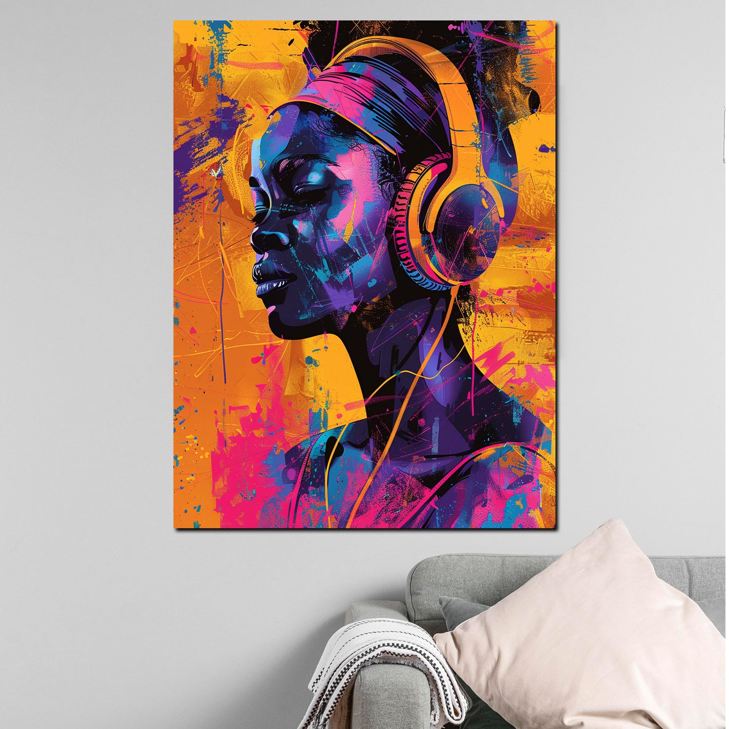 Wandbild moderne afrikanische Frau Pop Art mit Kopfhörern farbenfroh