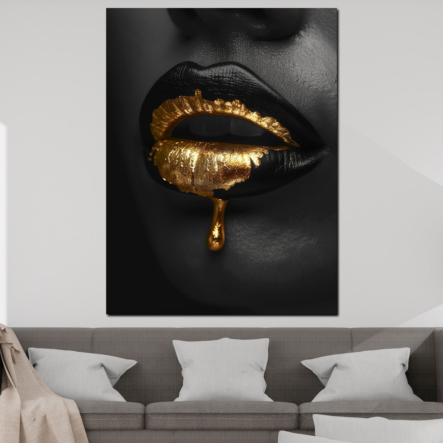 Wandbild schwarze Lippen mit goldenen Akzenten