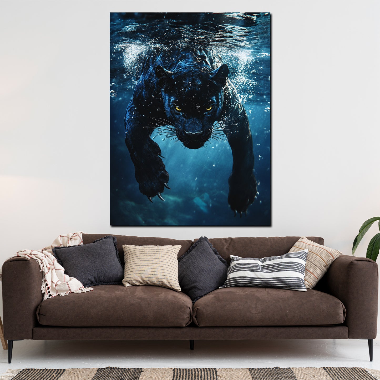 Wandbild schwarzer Panther im Wasser Dynamik Kraft Tiermotiv