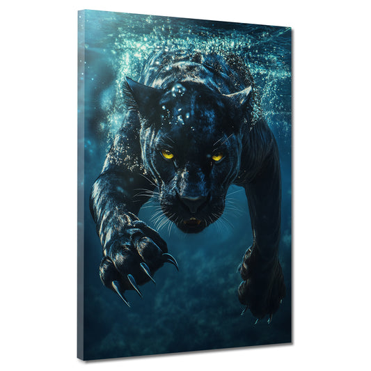 Wandbild schwarzer Panther im Wasser Wildnis Kraft
