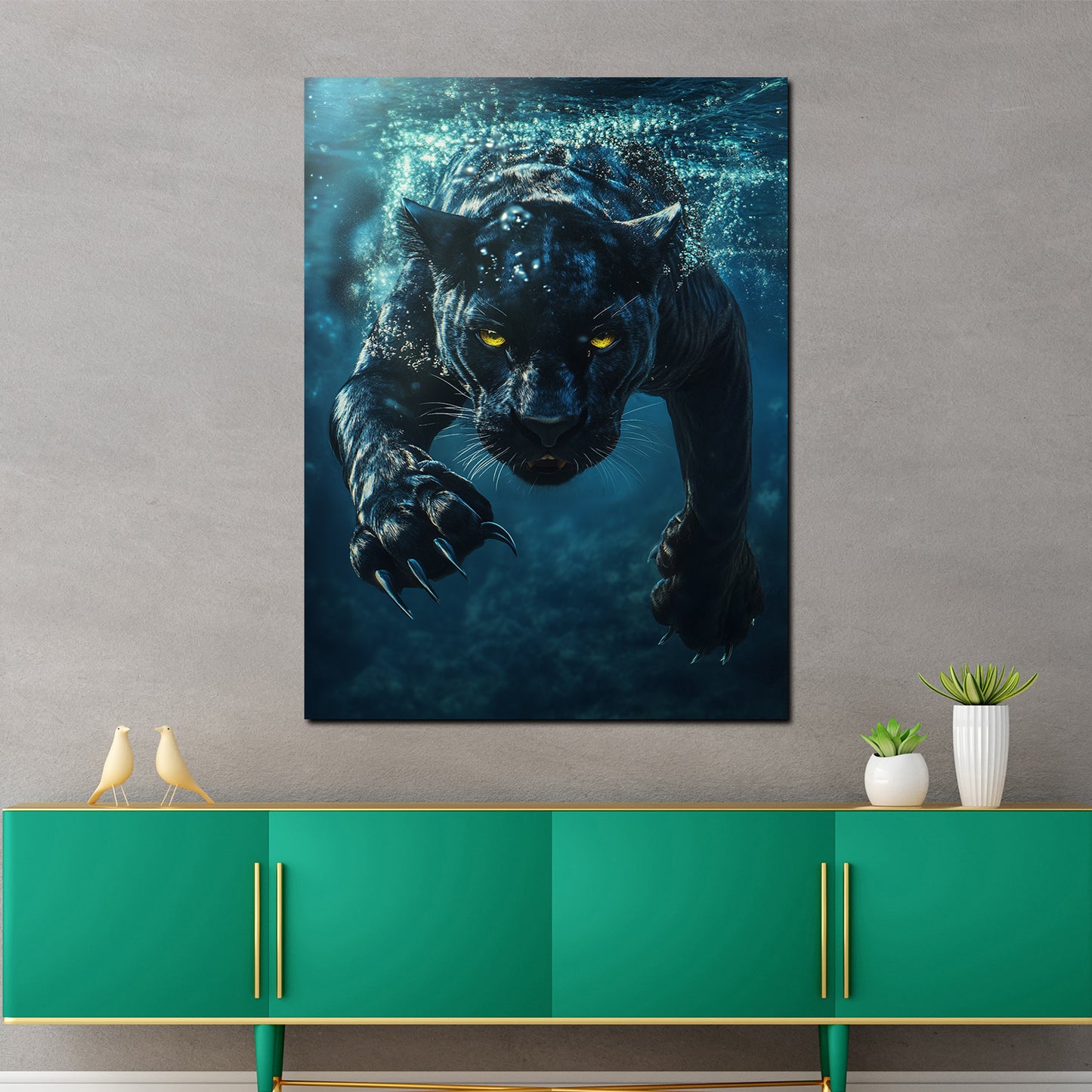 Wandbild schwarzer Panther im Wasser Wildnis Kraft