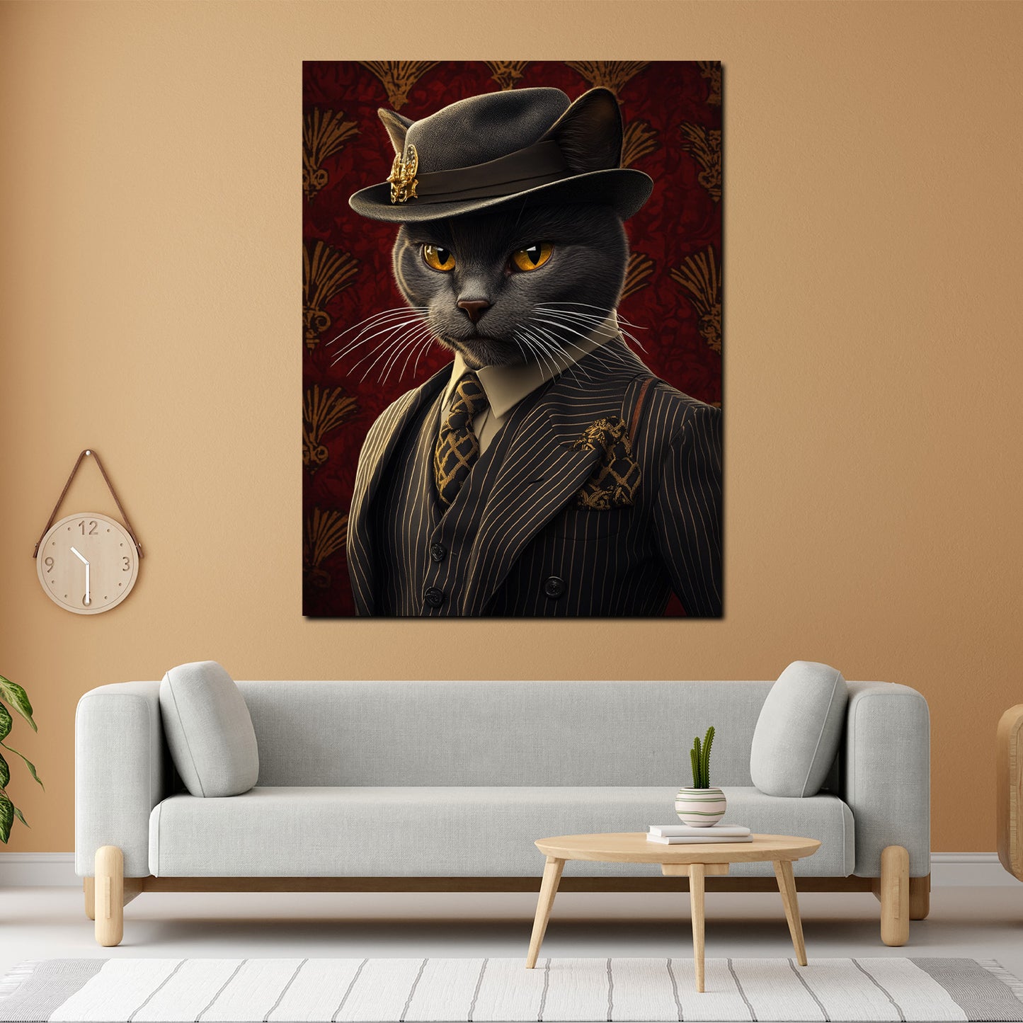 Wandbild stilvolle schwarze Katze im Anzug mit Hut Eleganz Retro