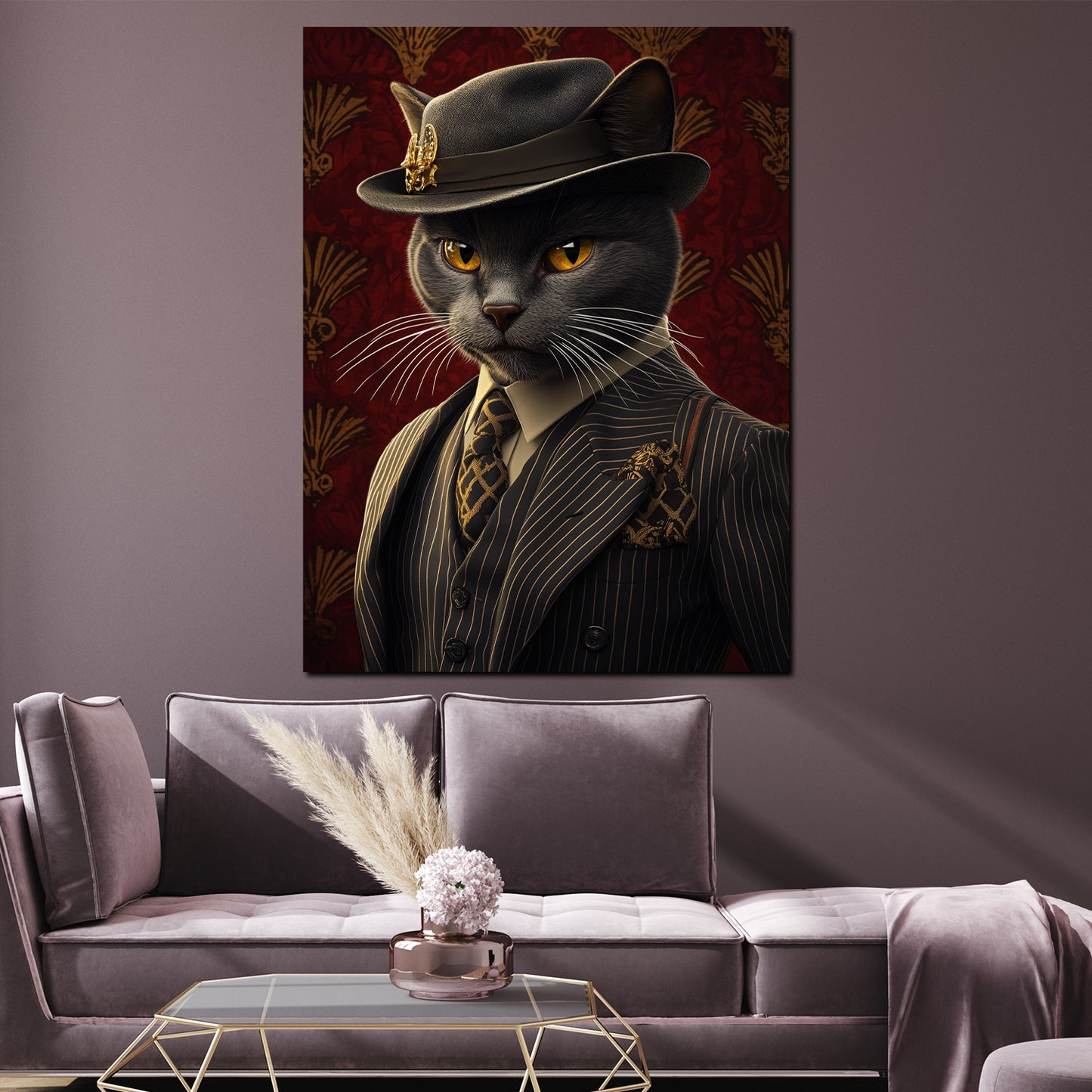 Wandbild stilvolle schwarze Katze im Anzug mit Hut Eleganz Retro