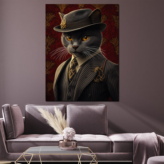 Wandbild stilvolle schwarze Katze im Anzug mit Hut Eleganz Retro