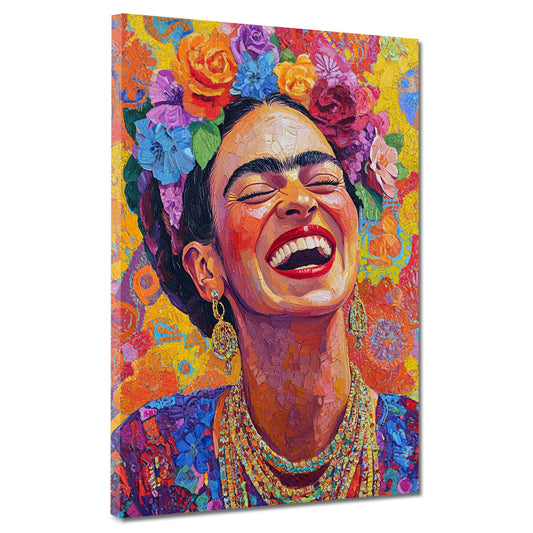 Wandbild strahlende Frida mit Blumen Pop Art bunt