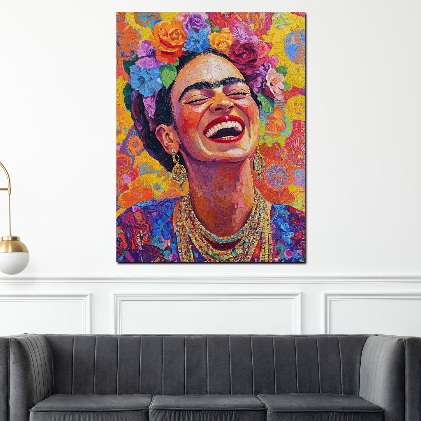 Wandbild strahlende Frida mit Blumen Pop Art bunt