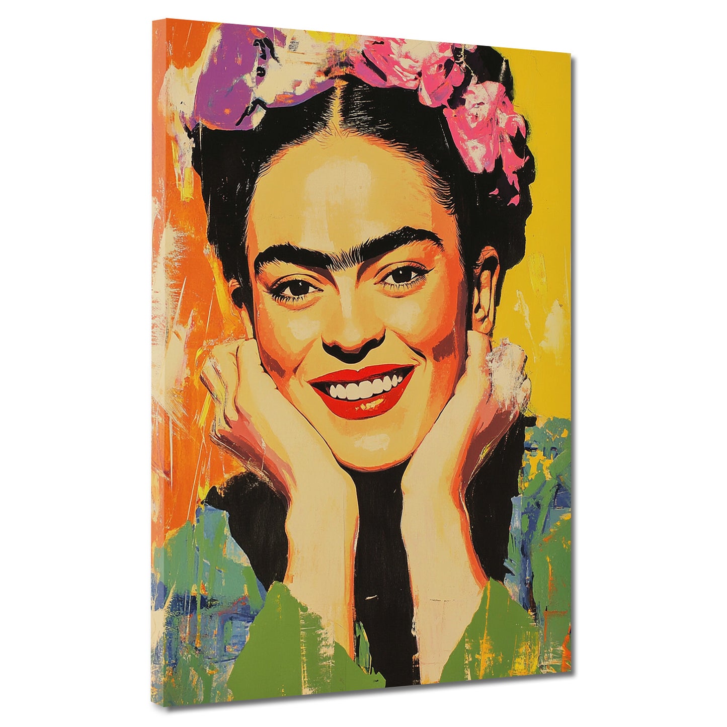 Wandbild strahlende Frida mit Blumen und gelbem Hintergrund