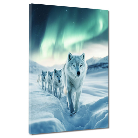 Wandbild weiße Wölfe im Schnee Nordlicht Natur Freiheit modern