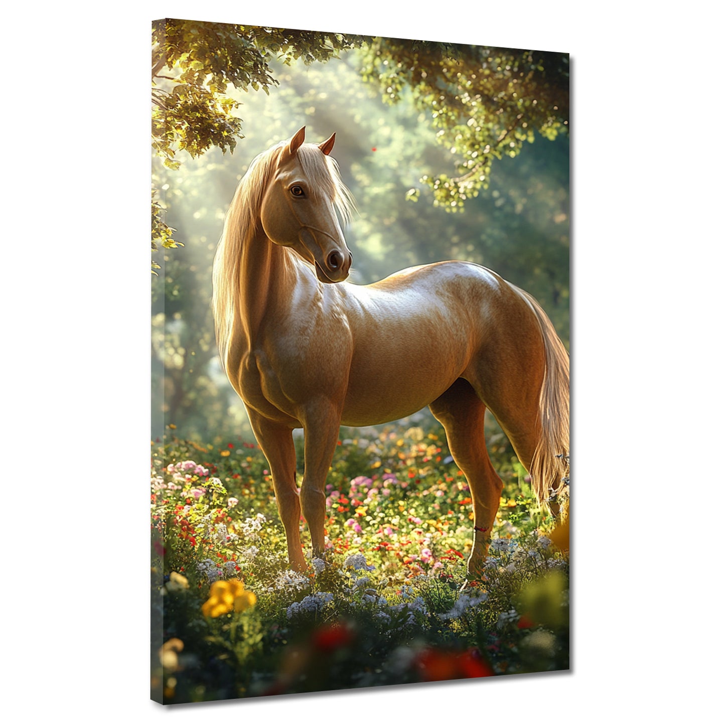 Wandbild wunderschönes Pferd im Blumenfeld Natur Eleganz Sonnenlicht